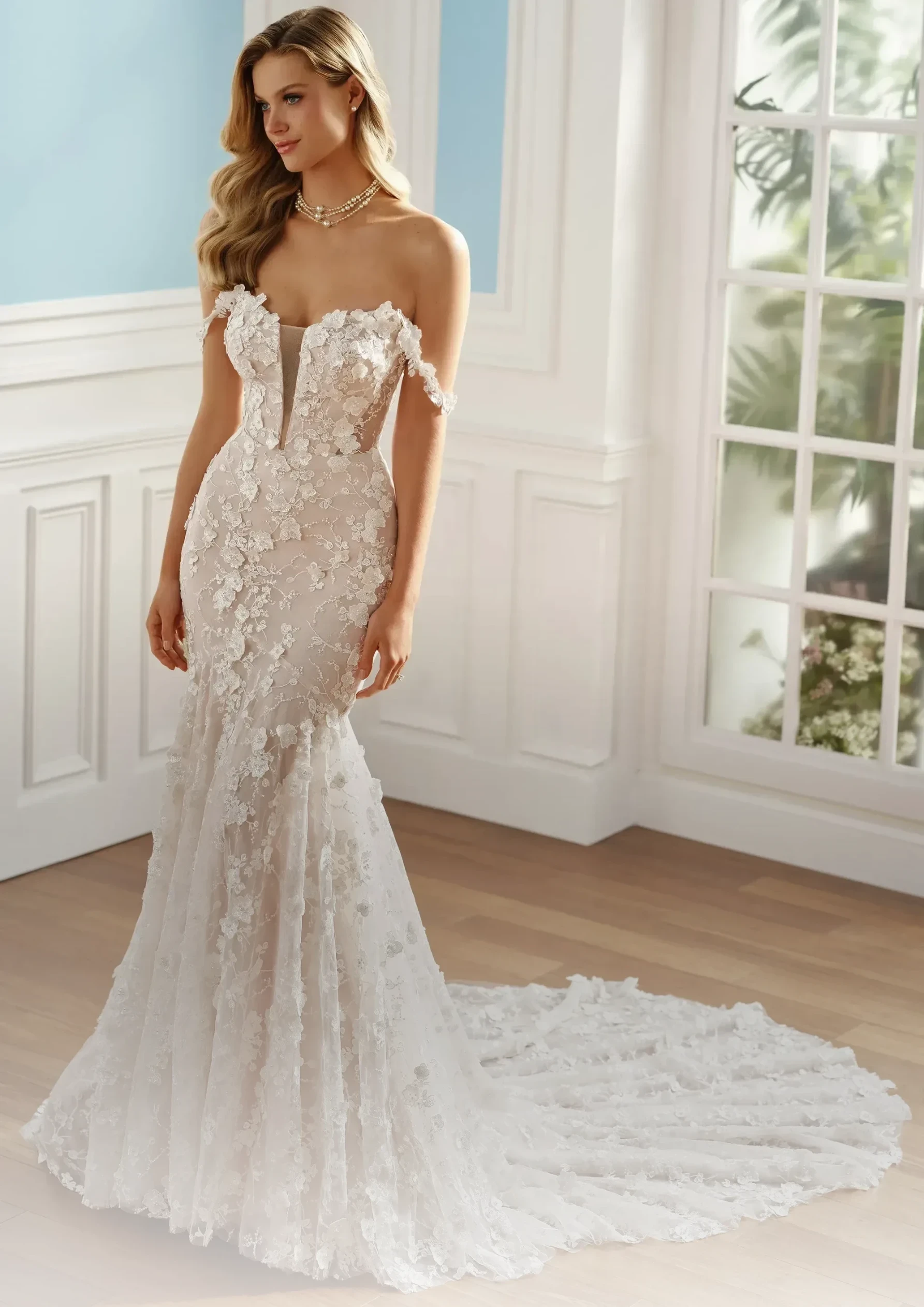 Brunette bride in Kitty Chen dress