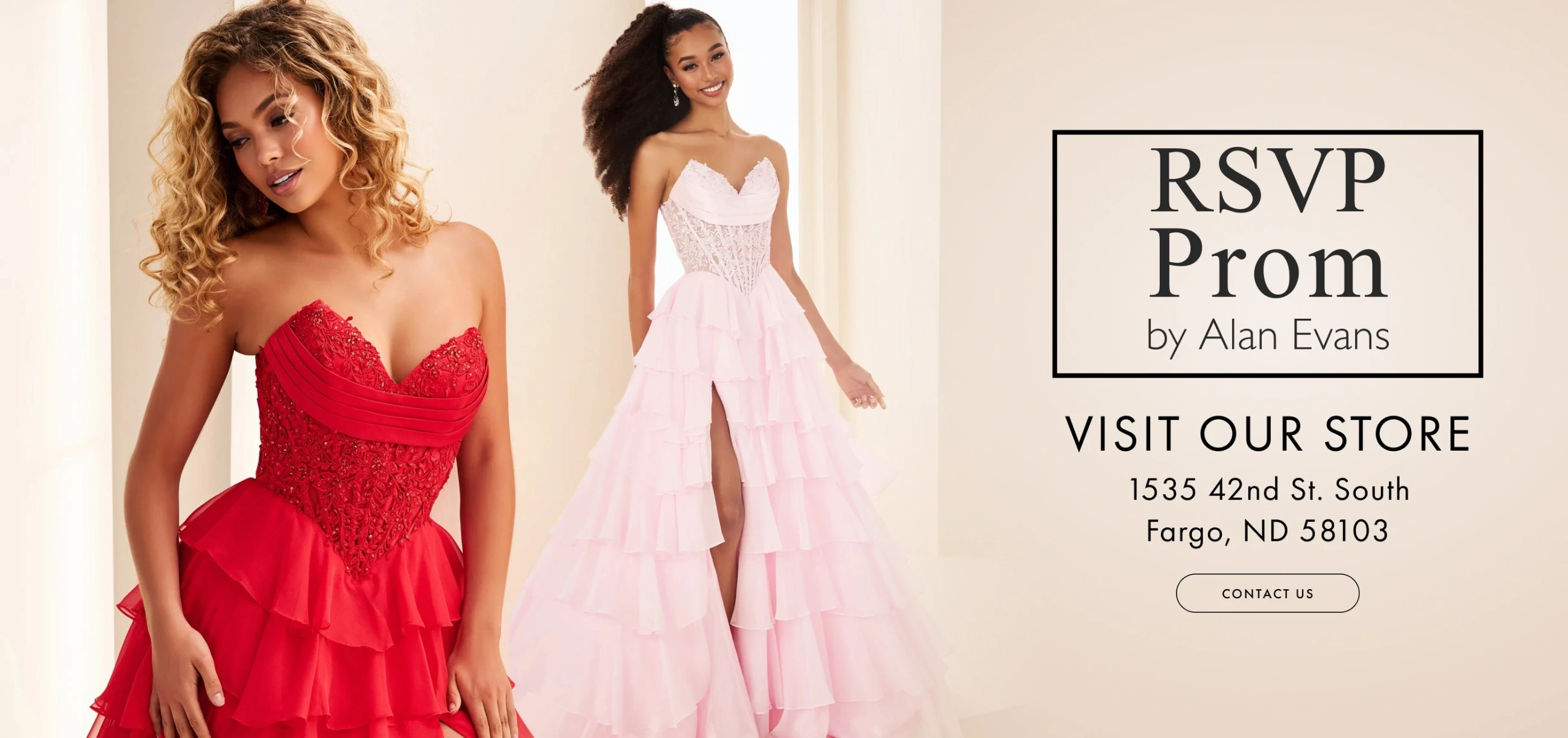 Models wearing Ellie Wilde Prom dresses, desktop banner