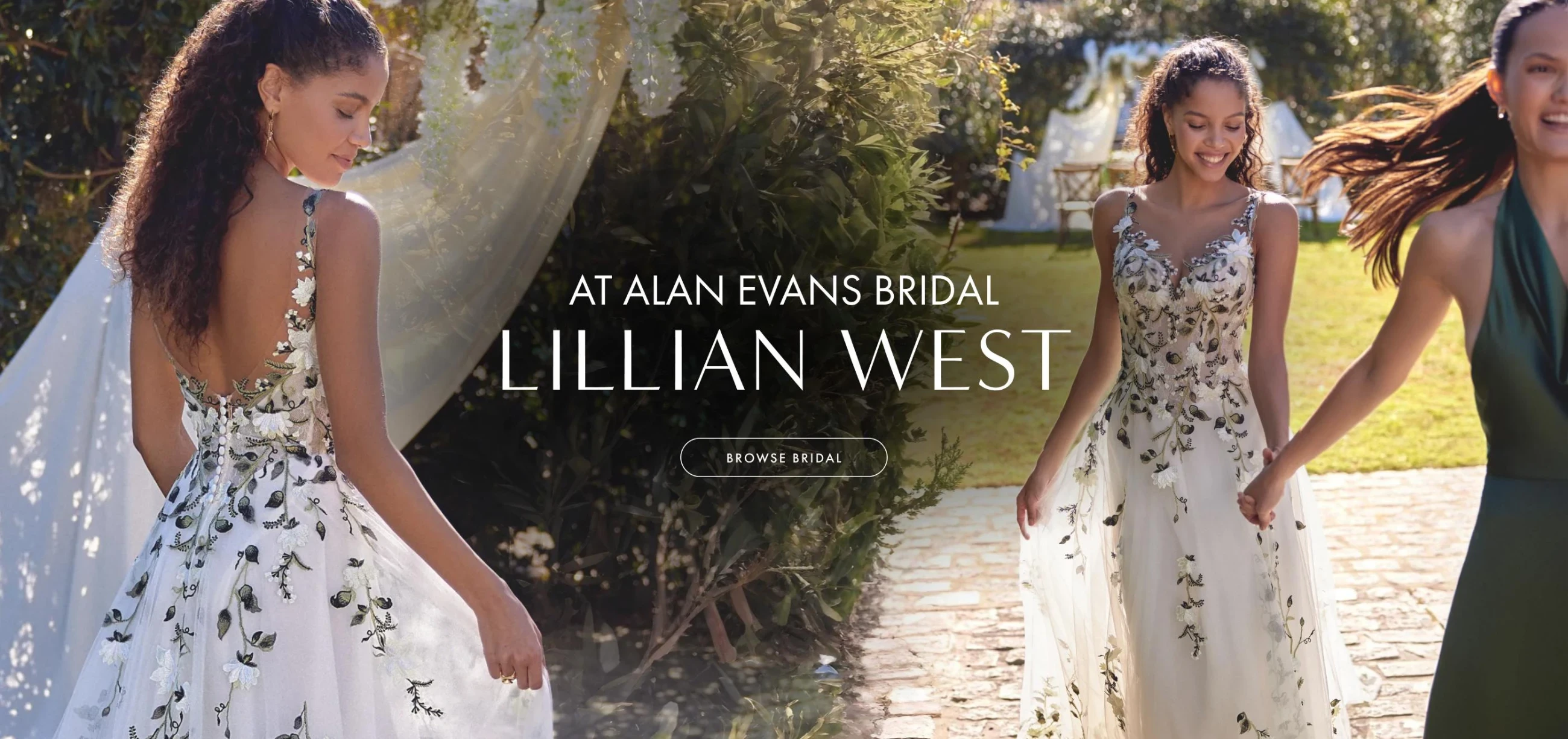 Model wearing Lillian West bridal dress, desktop banner