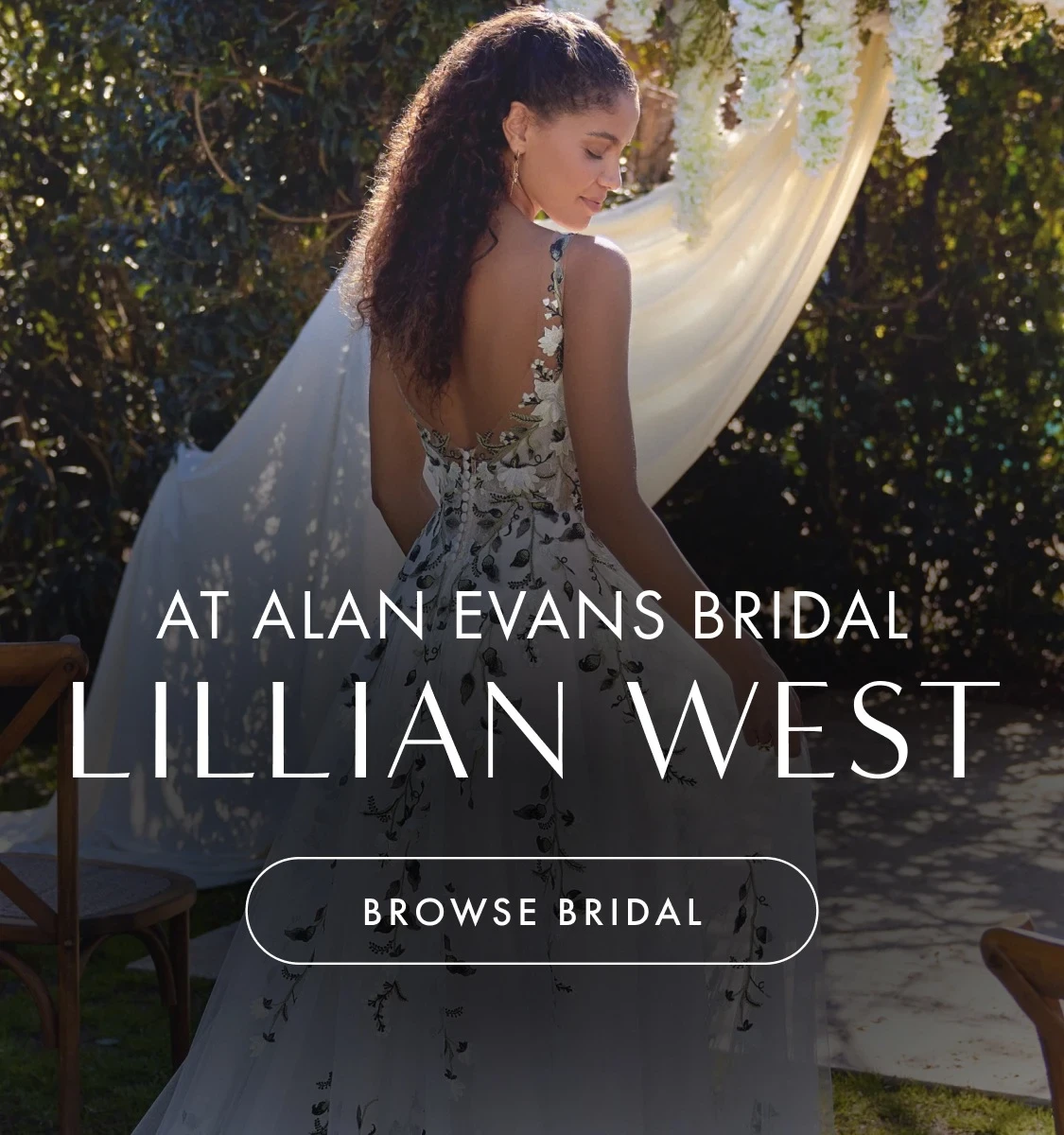Model wearing Lillian West bridal dress, mobile banner