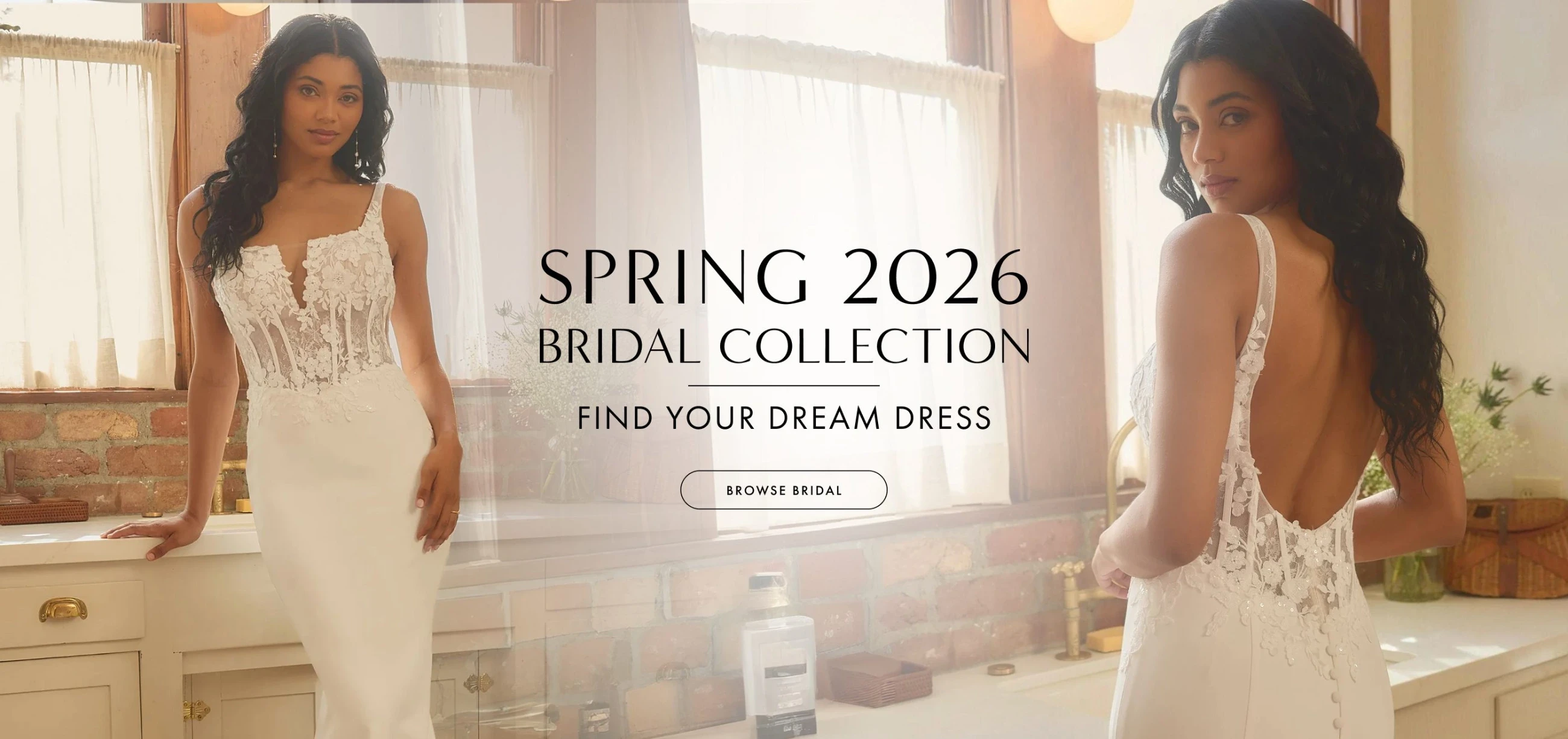 Model wearing Beloved by Casablanca bridal dress, desktop banner