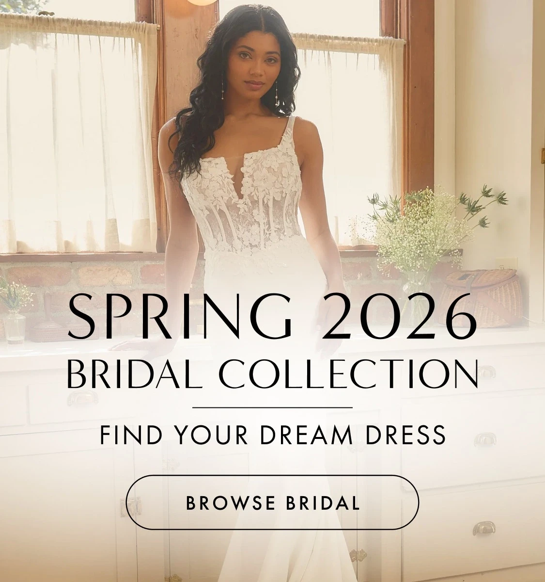 Model wearing Beloved by Casablanca bridal dress, mobile banner