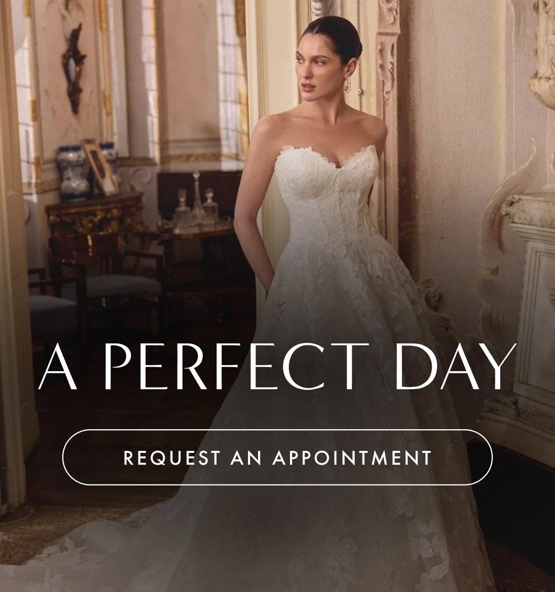 Model wearing Justin Alexander bridal gown, mobile banner