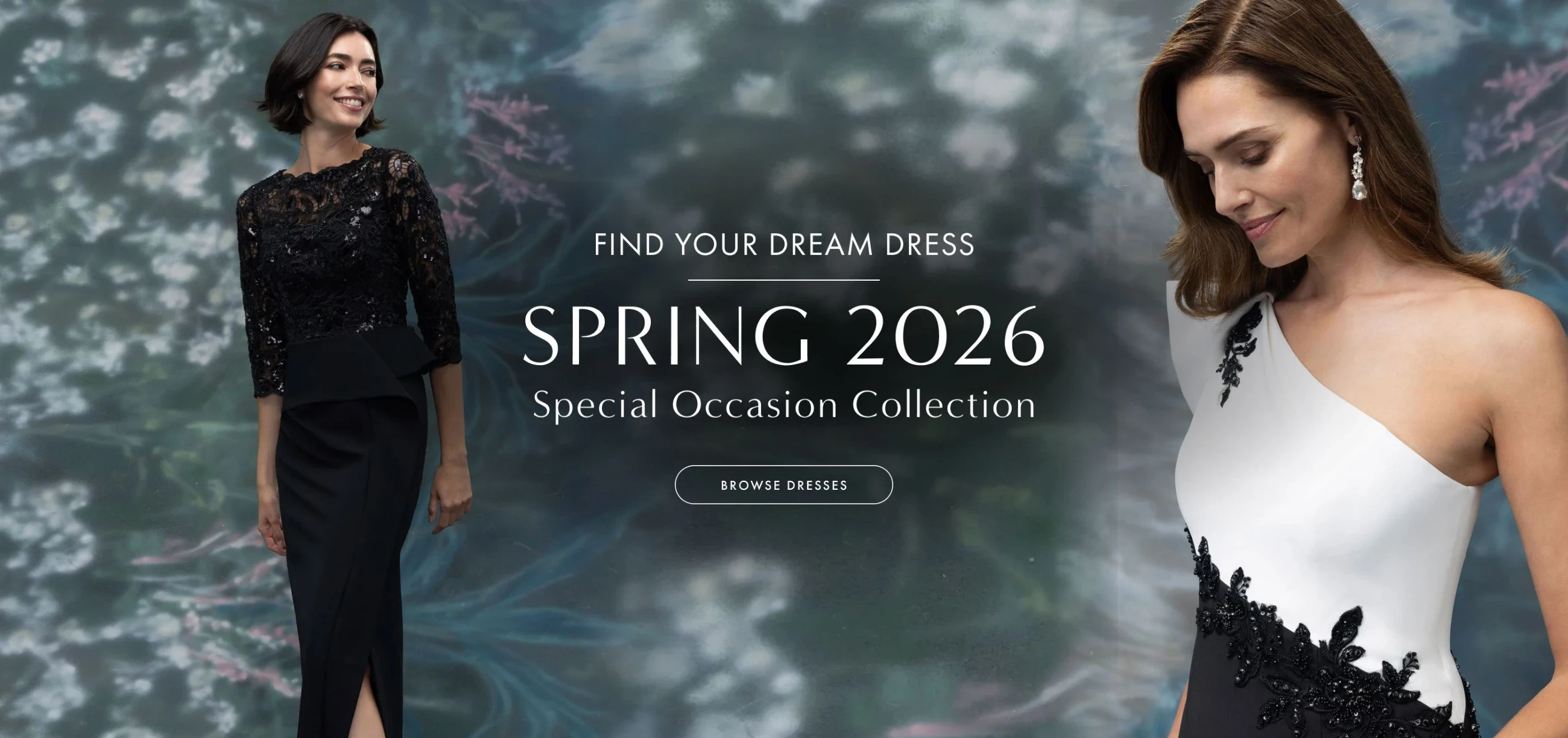 Models MGNY wearing evening dresses, desktop banner