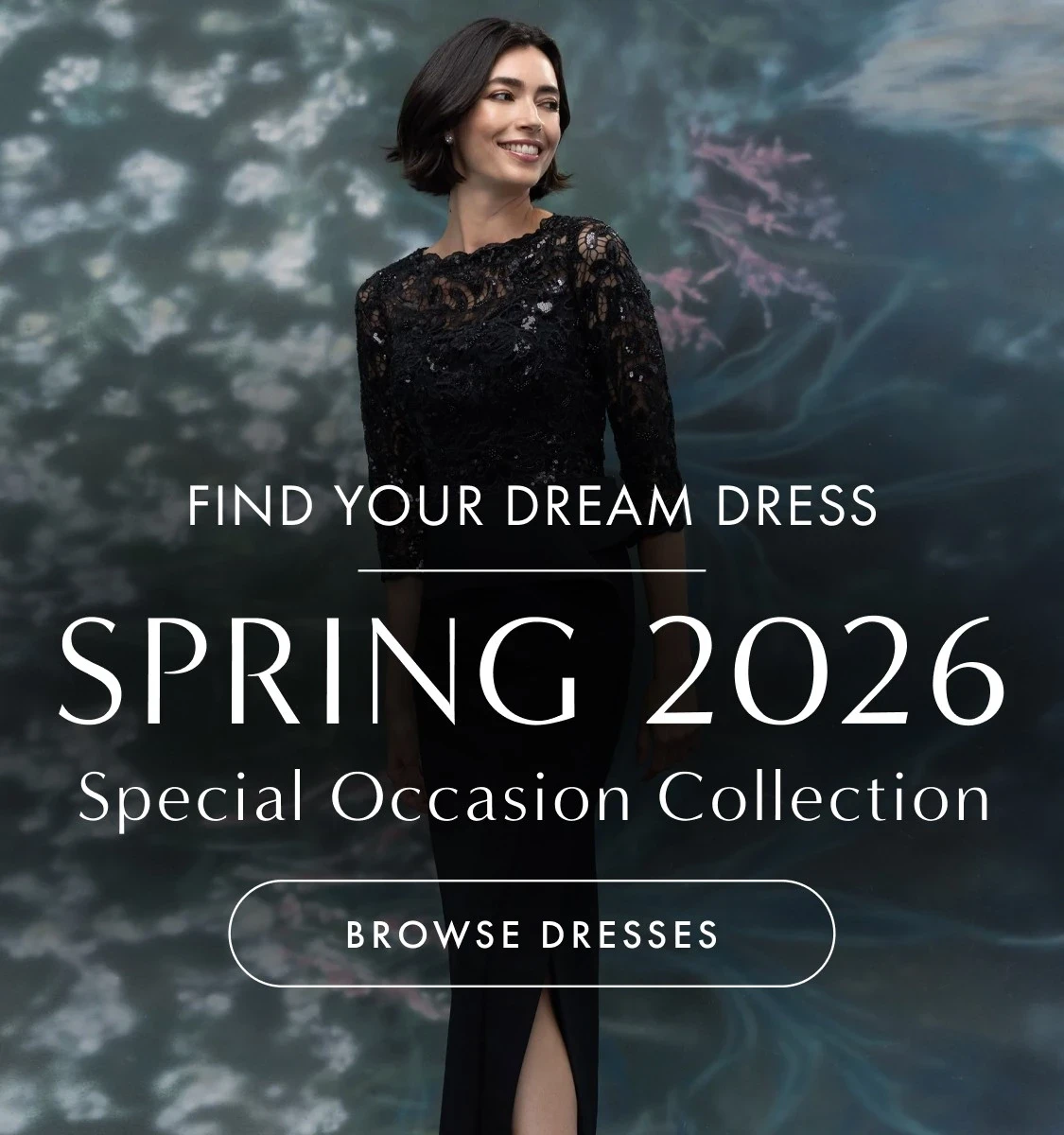 Model MGNY wearing evening dress, mobile banner